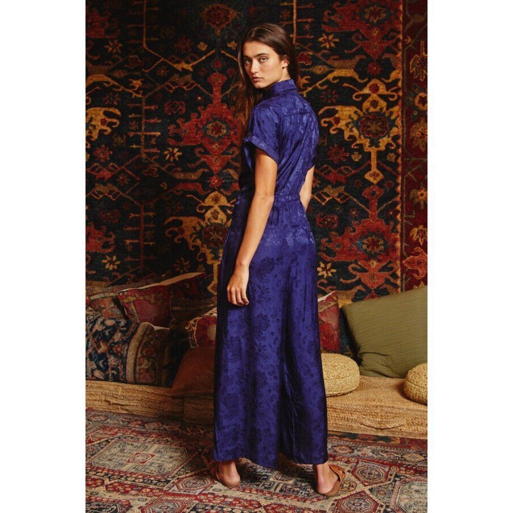 BUCKETLIST Clothing Women's Front Tie Button Down Jumpsuit Jacquard Navy IR5179 - Picture 6 of 9